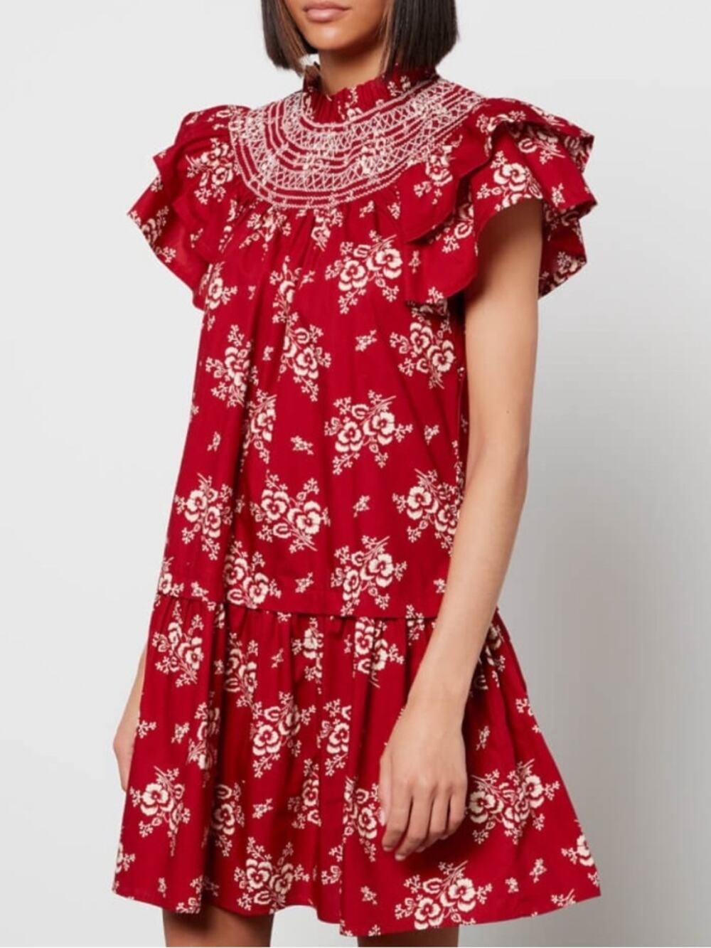 Sea New York Alessia Red Puff Sleeve Embroidered Dress size medium